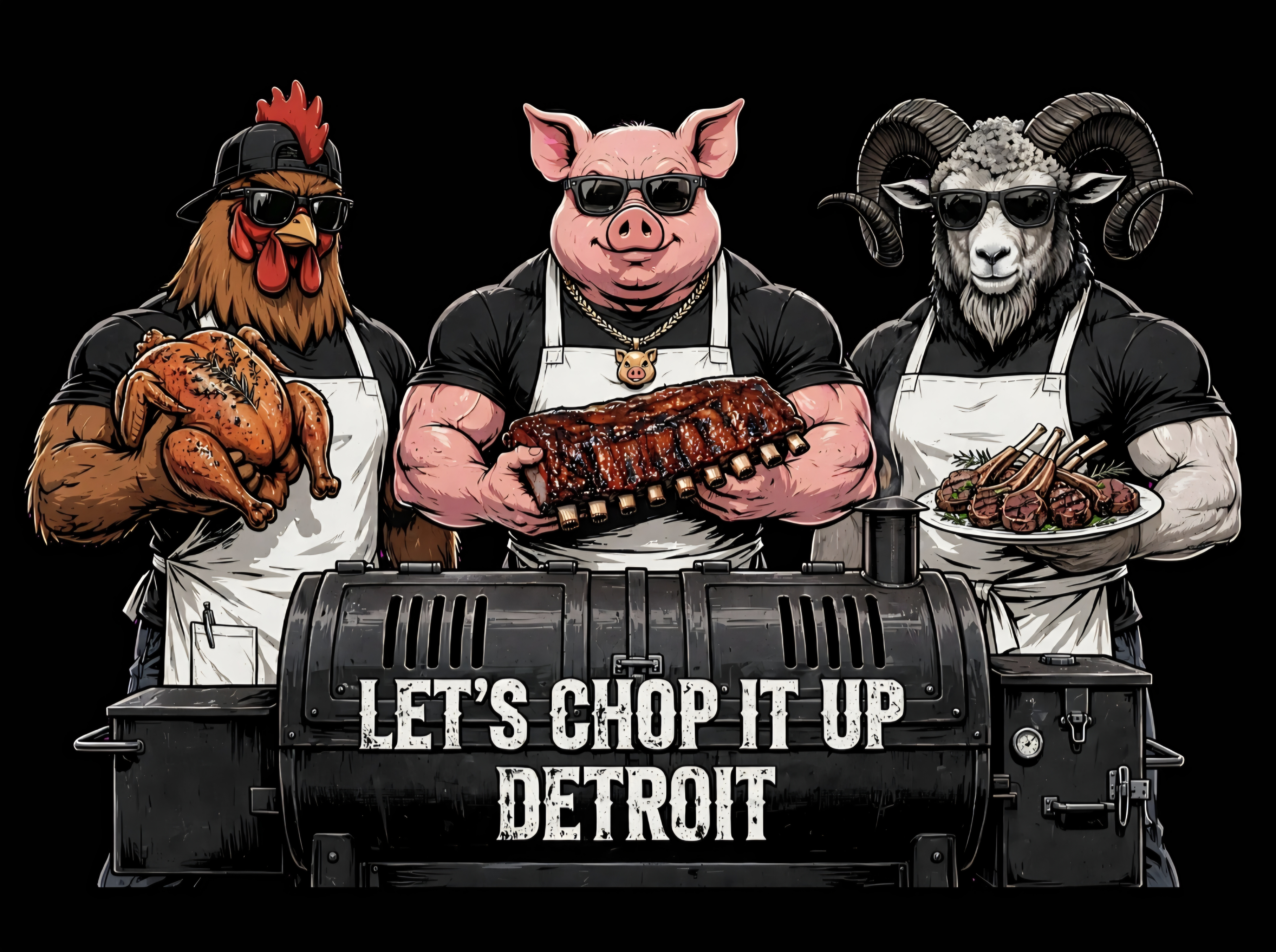 Let's Chop It Up Detroit catering team with a spread of signature dishes